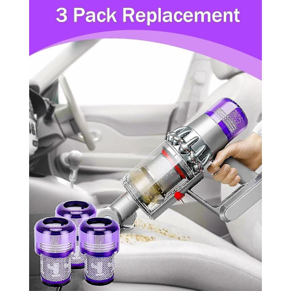 Dyson V12 3-pack filter - Hepa-filter för dammsugare, kompatibel med Dyson V12 Slim Absolute Detect, tvättbart tillbehör