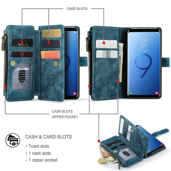 Case Samsung Galaxy S9 Plus Cover Lompakko Kestävä Pu-nahkainen magneettinen vetoketjullinen korttipidike - Sininen