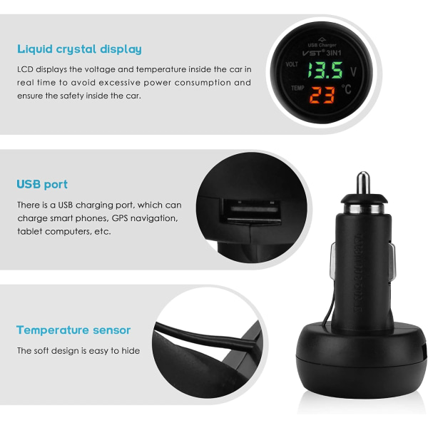 Bilvoltmeter, 3 i 1 USB 5V 2A Snabbladdning, Bil Digital Voltmeter, Termometeruttag, för 12-24V Bil Buss Lastbil Mobiltelefonladdning