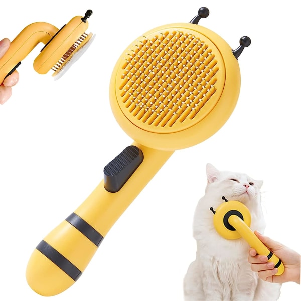 Hårborttagare för katt- och hundborste för husdjur, rengöringsborste med en knapptryckning (litet bi gult)