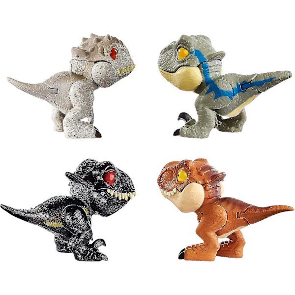 4 st World Dinosaur Snap Squad samlarobjekt för visning, lek och knäppfunktion för att fästa på ryggsäckar, lunchpaket