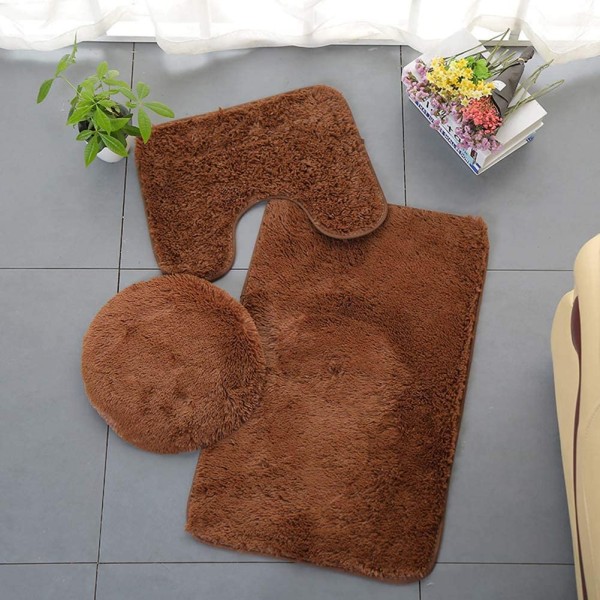 3-delad badrumsmatta Enfärgad badrumsmatta Halkfri mjuk, absorberande matta och cover Tvättbar, brun