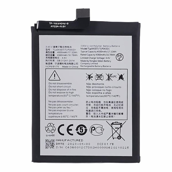 For TCL 20 Pro 5G 3.85V 4360mAh Li-ion Polymer Batteri Samling Del (Encode: TLP043D7/TLP043D1)