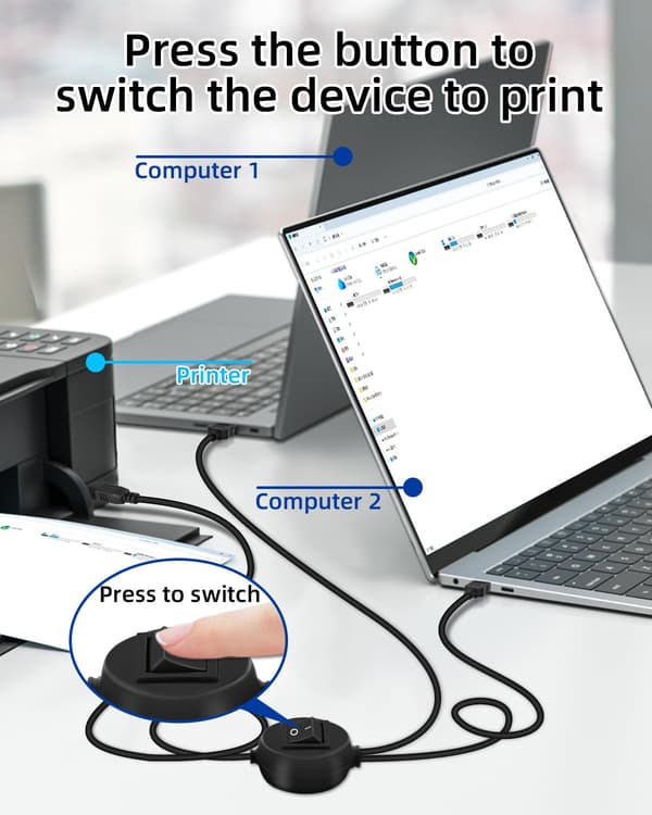 2025 Seneste Model 2 i 1 USB-printerkabel Splitter, USB A Han til USB B Han Printerkabel med Skifteknap til 2 Computere, Del Scanning