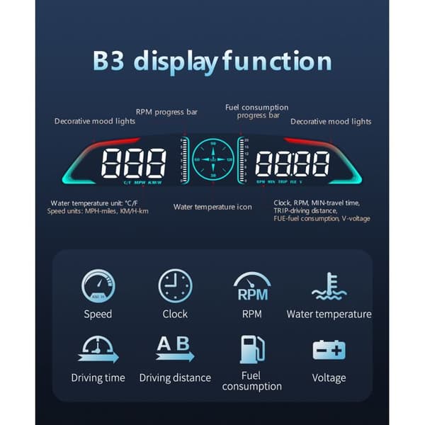 Bil Head-Up Display Modell B3 - Speedometer - OBD2 - Vanntemperaturalarm