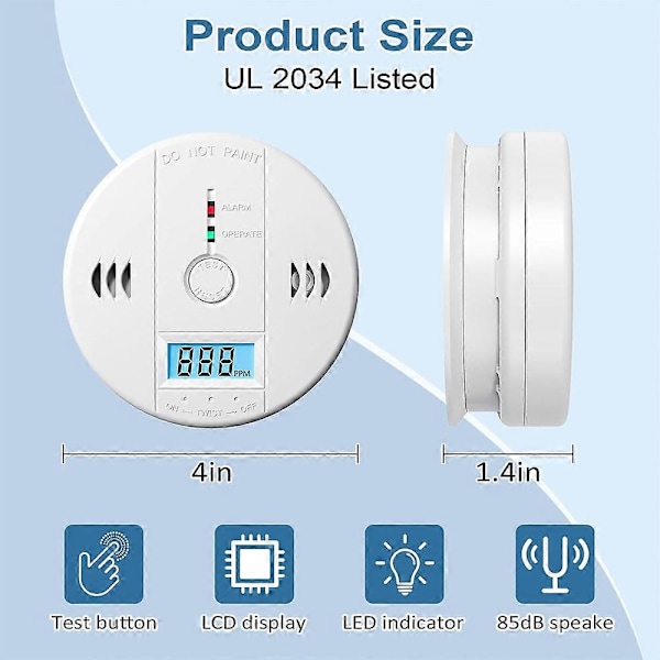 3-pakks røykvarsler og karbonmonoksidvarsler med LCD-skjerm