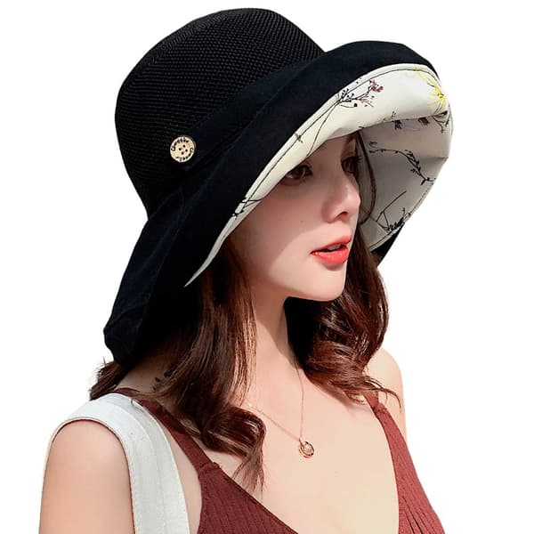 Dame Mesh Solhat Sommer Strand UV Beskyttelse UPF Foldbar Bred Hage Rem Sort