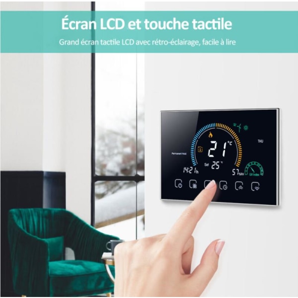 Programmerbar termostat, bakgrunnsbelyst LCD-berøringsskjerm, med låsefunksjon-sølv