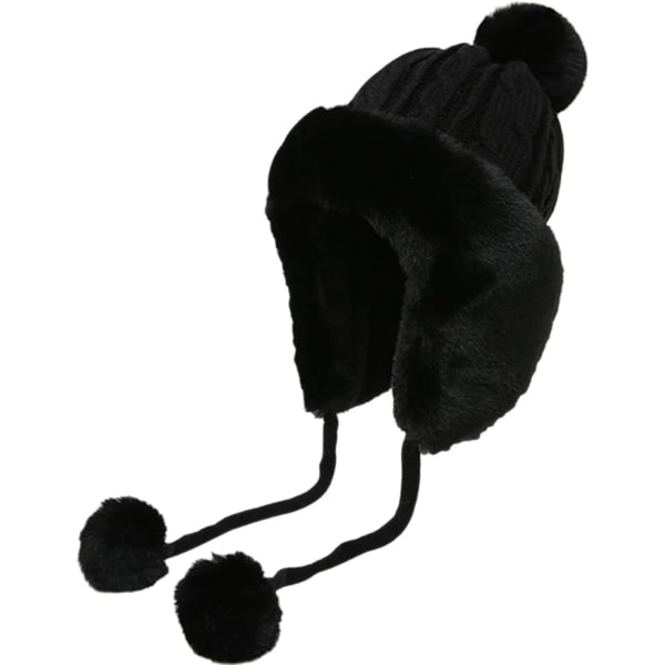 Naisten talvihattu kuulosuojaimilla, lämmin turkis hiihtohattu, neulottu hattu, söpö villahattu black