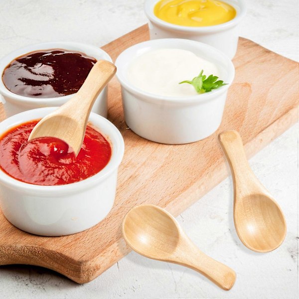 Kort Skaft 10 Pakker med Små Træskeer, Perfekt til Små Glas med Marmelade, Krydderier, Krydderier, Se