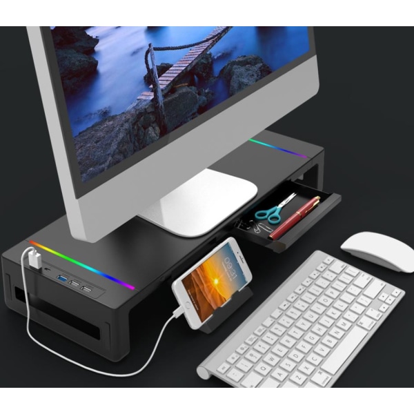 Vikbart bildskärmsställ, USB 3.0 datorskärmsnav, bordsställ med förvaringslåda,