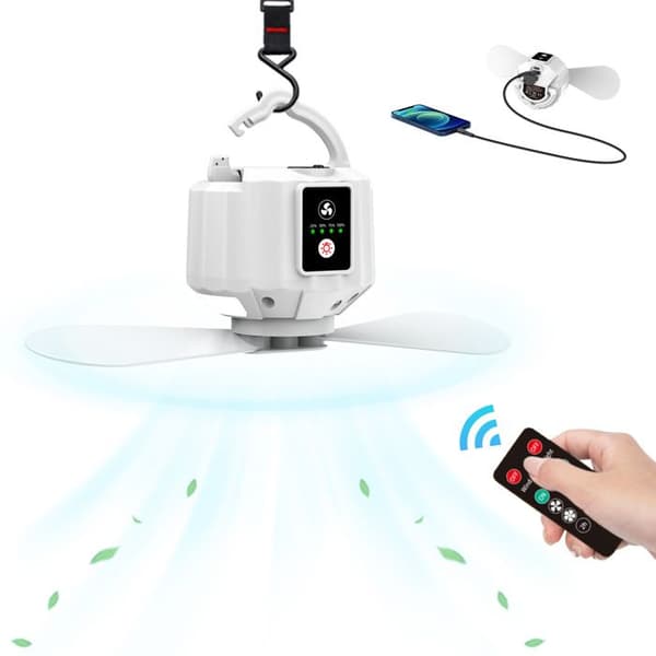 Campingventilator med LED-lanterne, genopladelig ventilator til telte, picnics, telte, nødsituationer