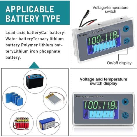 Multifunktionsvoltmeter 10-100V LCD-batterikapacitetsmonitor, temperaturvisning (12V)