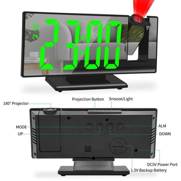 Digital vekkerklokke - LED-modell - 180° projeksjon - Speilskjerm - USB og slumrefunksjon