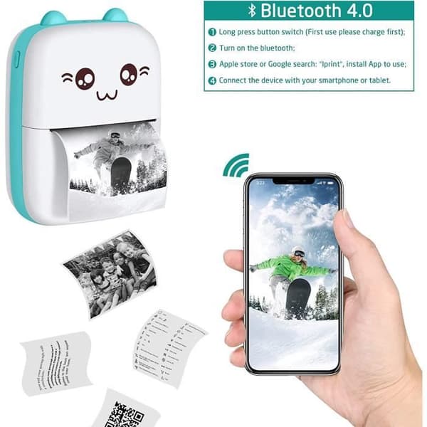 Bærbar fotoprinter - Trådløs BT - Sort og hvid - 160g - Direkte termisk - Kompakt