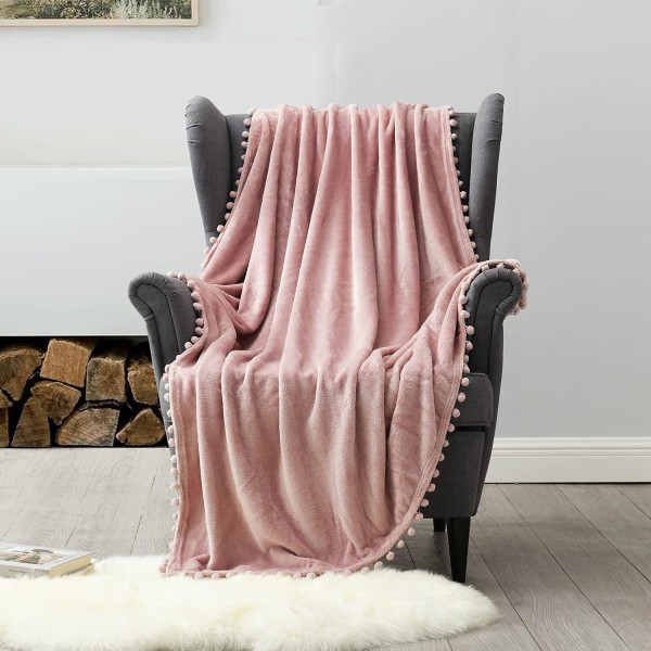 Flanell-slängfilt - Mjuk och mysig varm filt med Pompom-fransar för bäddsoffa Soffstol, 100x150 cm, (Rosa)