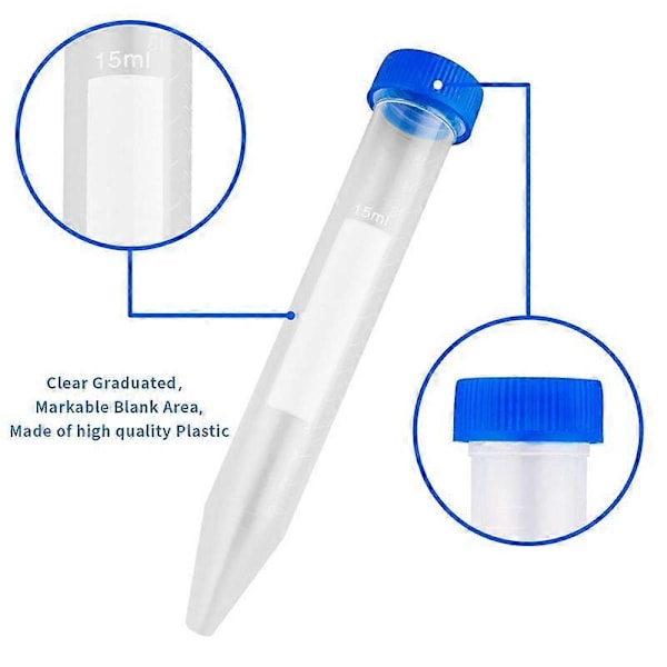 Koniska centrifugrör 15 ml, 100 st Sterila plaströr med skruvlock, Polypropylenbehållare