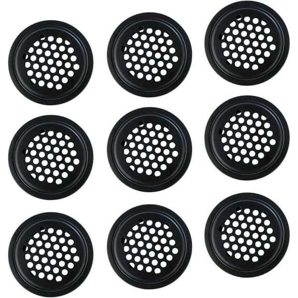 10 Stykker Sort Ventilationsrist. 25 mm Ristdæksel. Ventilationsnet i Rustfrit Stål. Ventilationsdæksel til Skabe, Bogreoler og Skoskabe