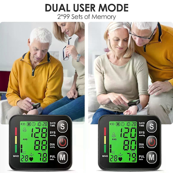 Højpræcis håndledsblodtryksmåler, digital genopladelig med baggrundsbelyst LCD-display for tydelige aflæsninger når som helst, justerbar håndledsmanchet