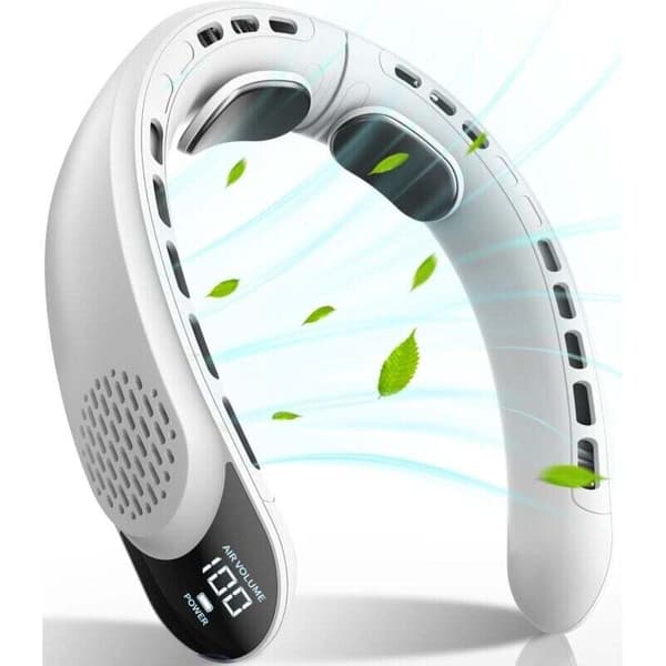 Genopladelig bladløs halsventilator. LED-display. 3 blæserhastigheder. USB Type-C-port - hvid.