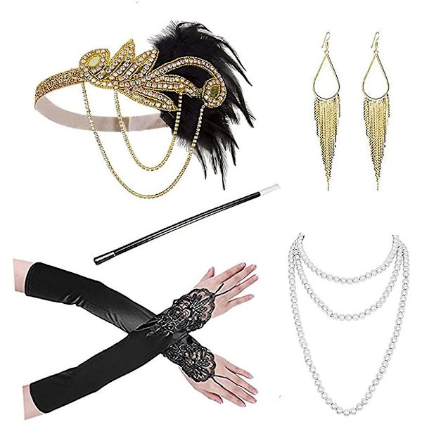 1 set, 1920-tals accessoarer pannband halsband handskar flapper kostymtillbehör set för kvinnor (guld+svart)