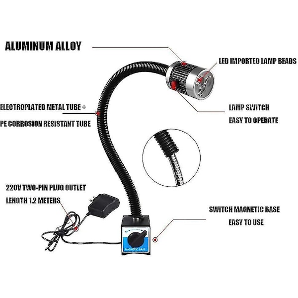 Justerbar LED-arbetslampa i aluminiumlegering med magnetfot, LED-maskinarbetslampa 360 roterbar med strömbrytare, för CNC-maskinverktyg, 9W 220V - - - -