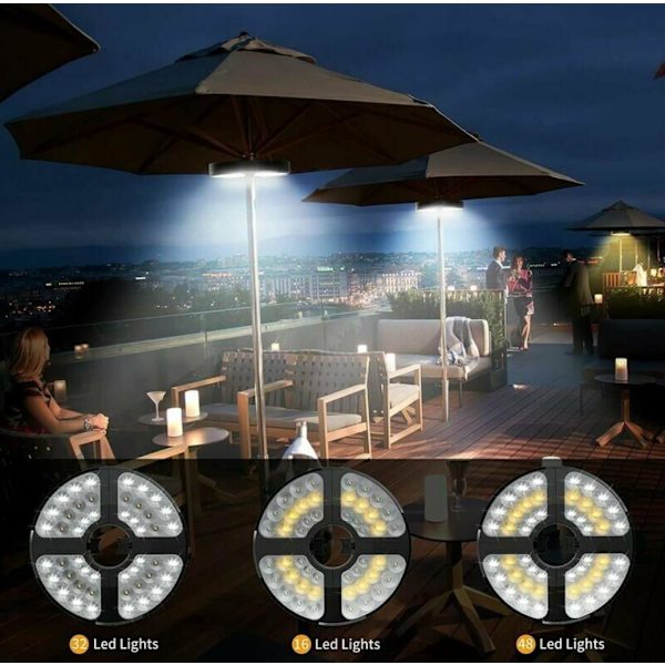 Udendørs terrasseparaplylys variabel lysfarve nødbelysningsskive teltlys - 48LED, DC genopladelig, rund, 1 stk