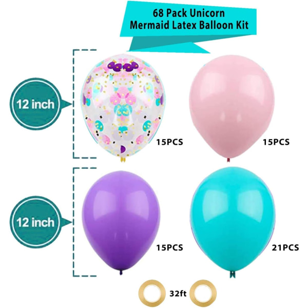 68 enhjørning ballonsæt, 12 tommer (ca. 30,4 cm) pink lilla blå konfetti balloner med bånd