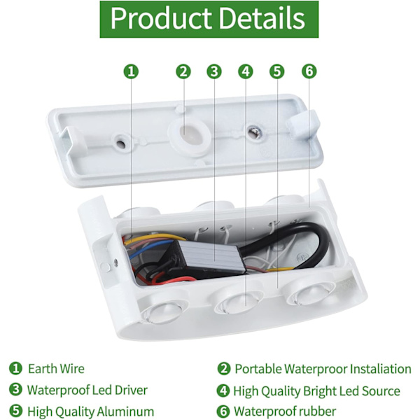 6W LED vegglampe, 6000K kaldt hvitt lys, IP65 vanntett