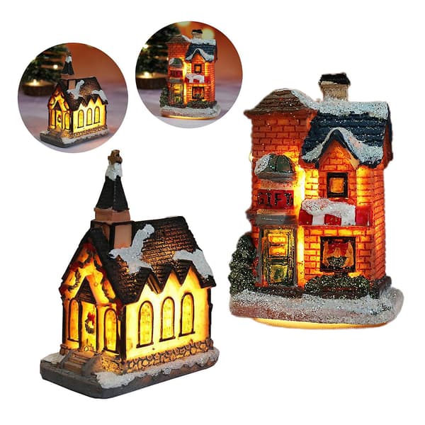 2x Lysende Julepynt LED Miniature Hus Landsby