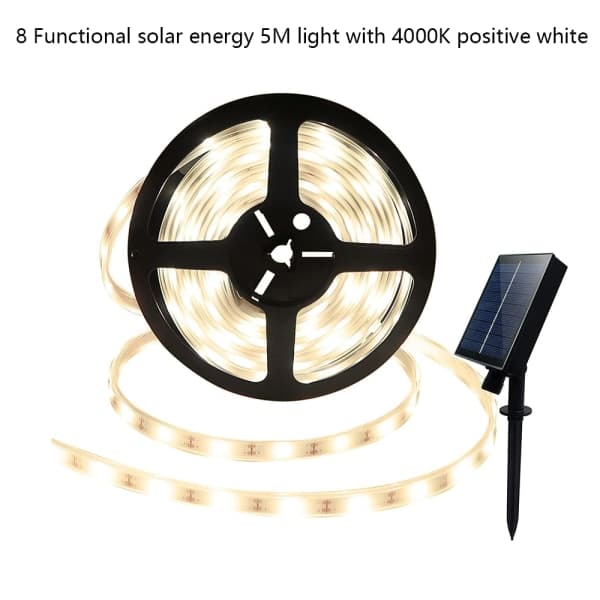 Utomhus solcelle LED-lyslist, 8 moduser, solfleksibel vanntett hvit 5M