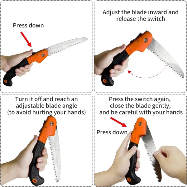 Fällbar beskärningssåg, fällbar handsåg med halkfritt handtag och säkerhetslås, (orange)