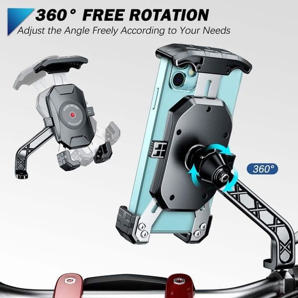 Motorcykeltelefonholder One-Touch Lås - 360° Rotation - Materialer: aluminium, rustfrit stål, ABS