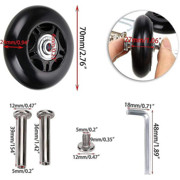 2 stk. kofferthjul erstatningshjul lagerreparasjon for koffert koffert 70*24 mm, svart