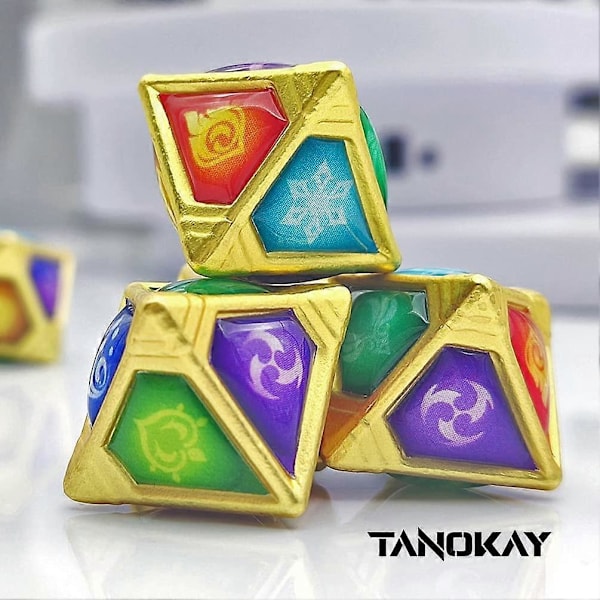 Genius Invokation TCG Terning Sett, Håndlagde 8 stk. Rombeformede Solide Polyedriske Terninger med 7 Elementære Terninger & 1 Omni Element for Genshin Impact Kortspill