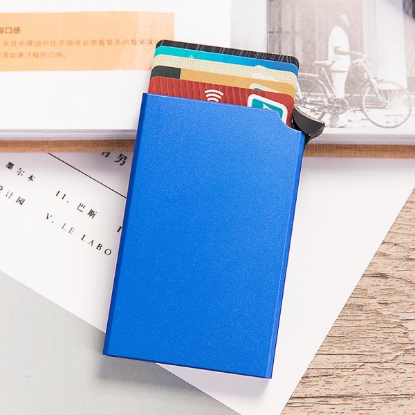 Kortholder i aluminiumslegering visittkortboks metallkortboks automatisk pop-up kredittkortboks blue