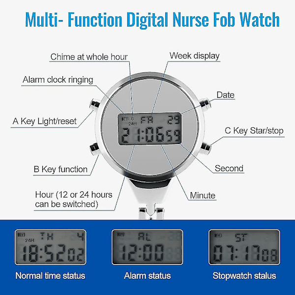 Sygeplejerske lommeur, multifunktionel digital sygeplejerskeur broche nål sygeplejerskeur med lysende kalender