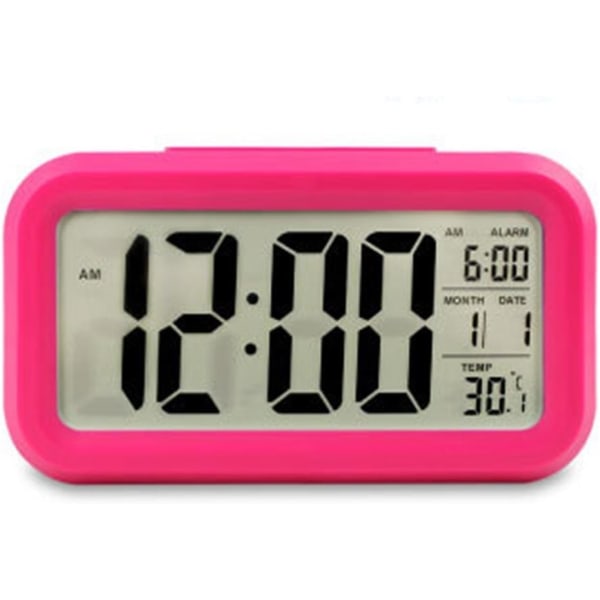 1st digital väckarklocka, tyst lysande klocka med datum, temperatur, tid, snoozesensor (rosa)