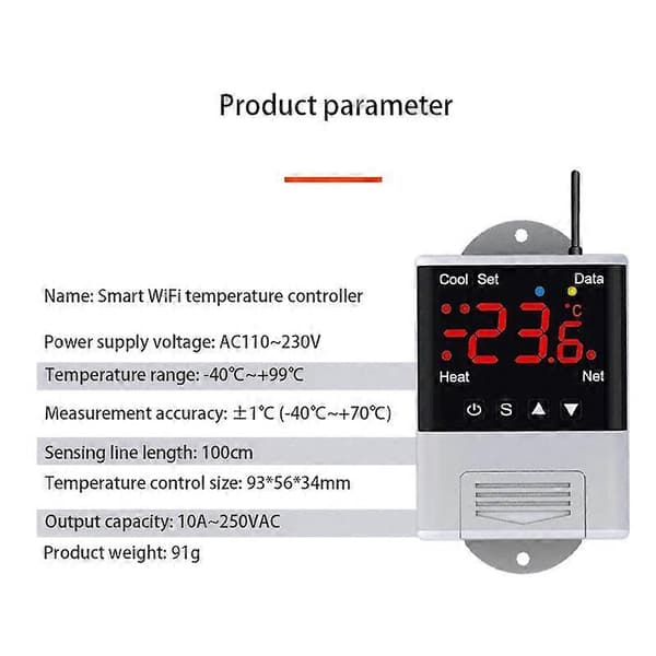 Trådlös Wifi Temperaturkontroller Termostat AC110-220V DTC1201 NTC Sensor Digital Display APP C
