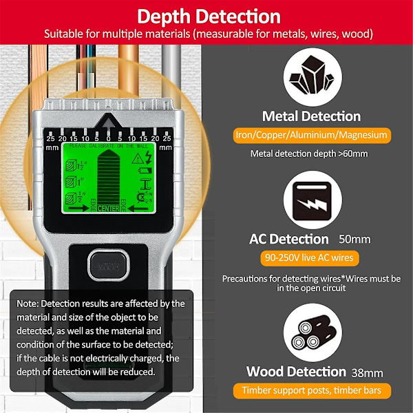Stud Finder, Væg Scanner 7 i 1 Multifunktionel Vægdetektor til Stænger Træ Metal og AC Ledninger Detektion Sølv