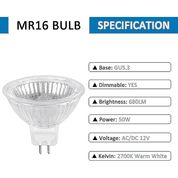 Halogenpære Gu5.3 50w 12v, 800lm Varm Hvid 2700k Dæmpbar, Halogen Spotpære Mr16, Pakke Med 6