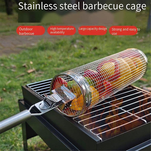 Pyörivät grillauskorit ulkogrillihäkkiin kahvalla Grill Bbq Net Tube Ruostumaton teräs Suuri pyöreä verkko B