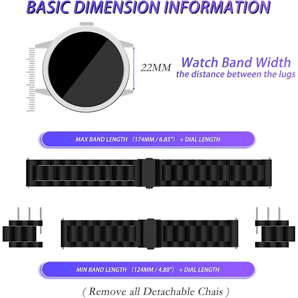 Remme for 22MM 20MM 18MM Metall Byttbare Justerbare Remmer, Rustfritt Stål Bytte Urreim for Kvinner/Menn - Svart