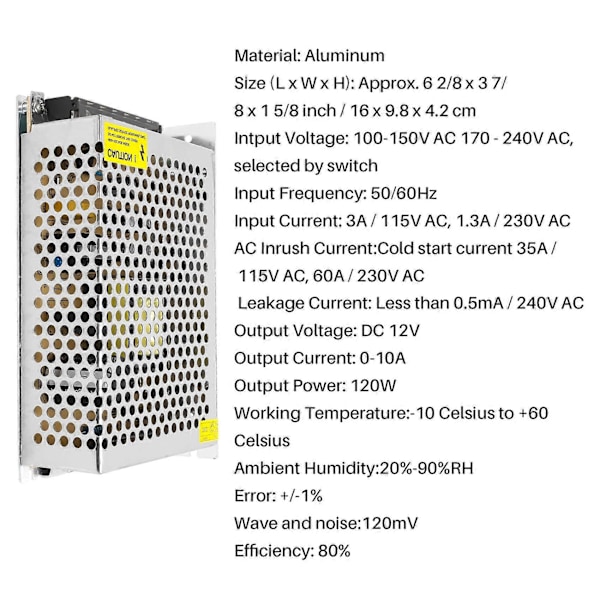 DC 12V 10A 120W Switching Strømforsyning Reguleret Transformer / Sikkerhedsdesignet Aluminium Strømforsyning