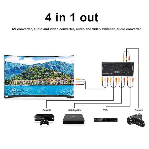 4-i-1 ut av RCA-switchbox, AV-ljud-videoswitch, 4-vägs splitter, förstärkare, multipel display