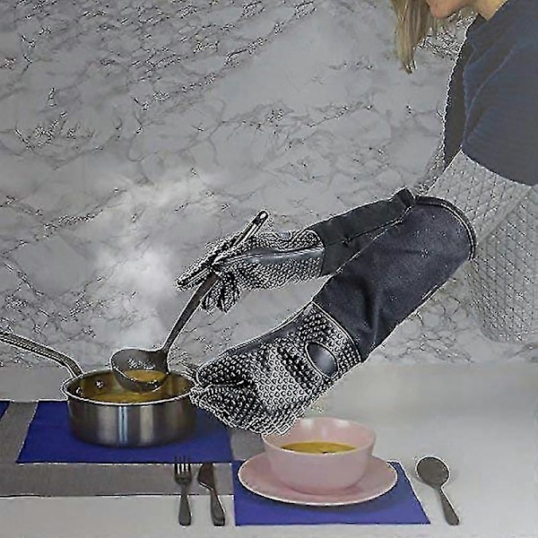 Extra Lång Silikon Grytvante, Värmebeständig Matlagningshandske Med Intern Bomull För Kök fg2025031700586