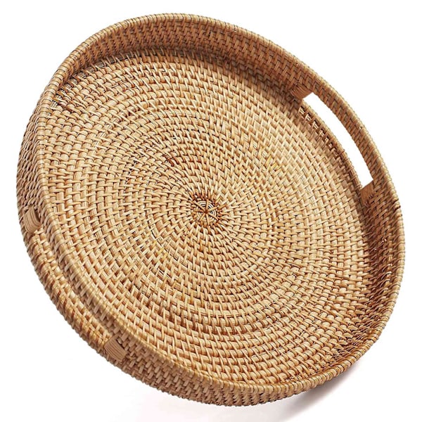 Rund rotting serveringsbricka dekorativ vävd ottomansk bricka med handtag för soffbord natur (stor