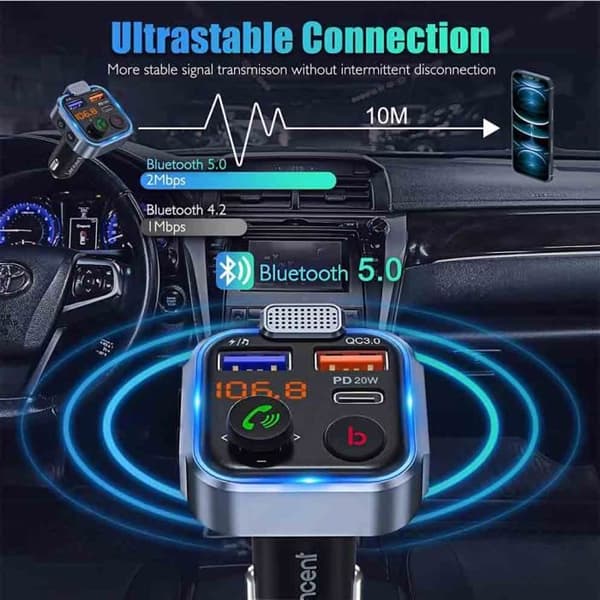 Bluetooth FM-sender Radiosender - 20W PD Hurtigoplader - Bluetooth 5.0 - Håndfri