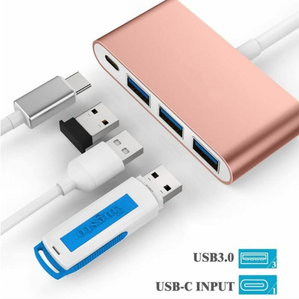 4-i-1 Typ C Hub med 3 USB 3.0- power kompatibel med Mac Air 2020-2018 MacBook Pro 13/15/16 Etc. USB-C-adapter med multiport - Rosa