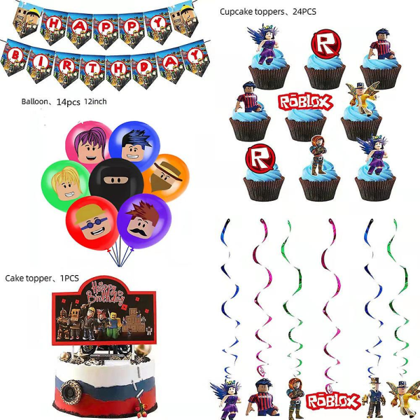Roblox-syntymäpäiväjuhlatarvikkeet, virtuaalisen maailman juhlakoristesarja, jossa on banneri, ilmapallot, kakku-/kuppikakkukoristeet, riippuva spiraali, pelijuhlaedut